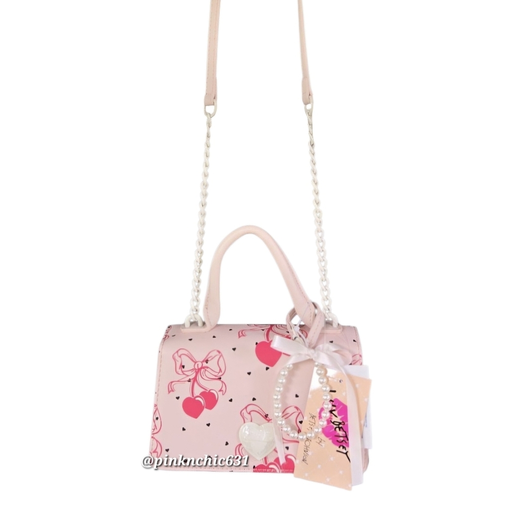 Betsey Johnson LBevie Coquette Bow Cherry Hearts Pink Satchel Crossbody Purse - Picture 10 of 13